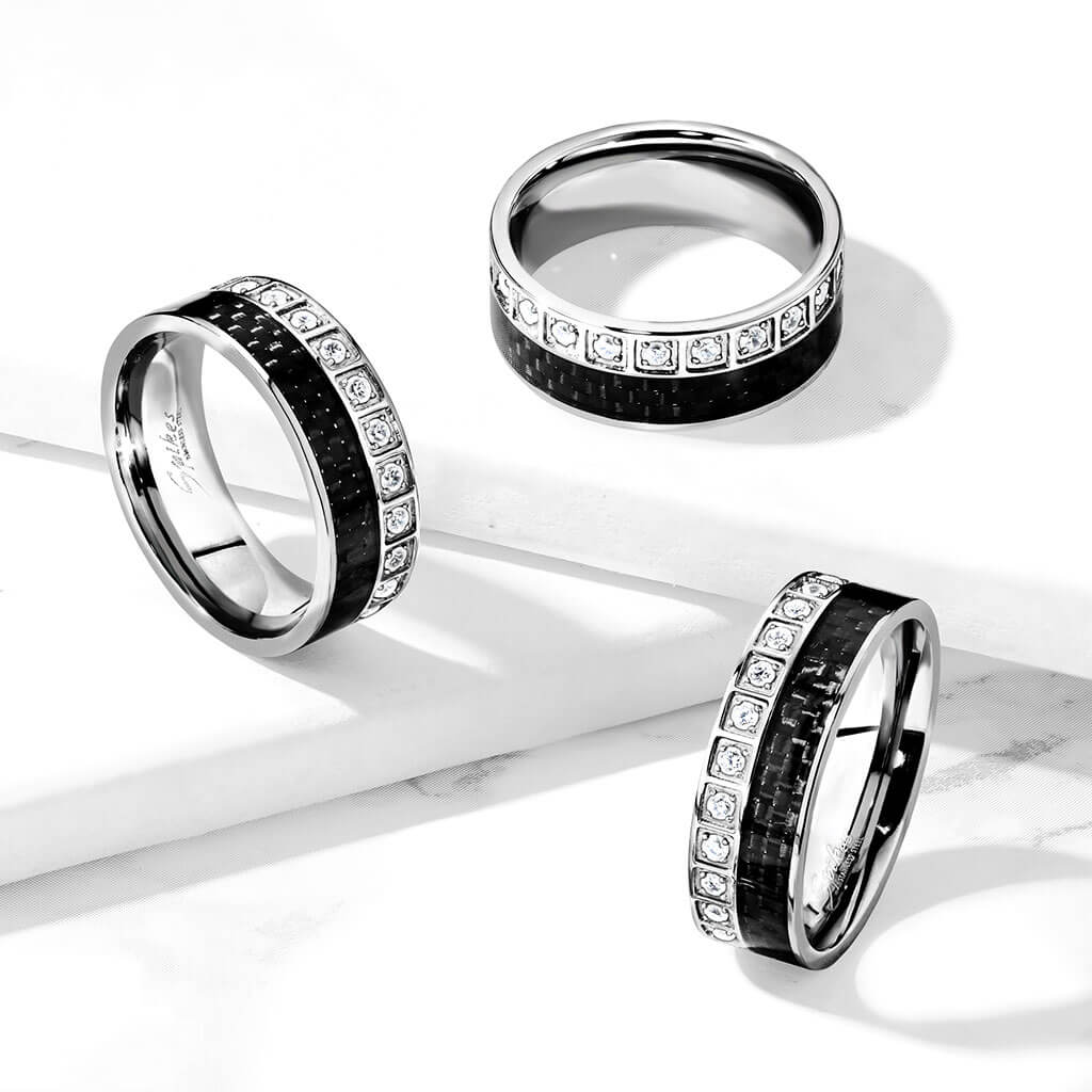 CZ Halo & Black Carbon Fiber Inlay Stainless Steel Ring