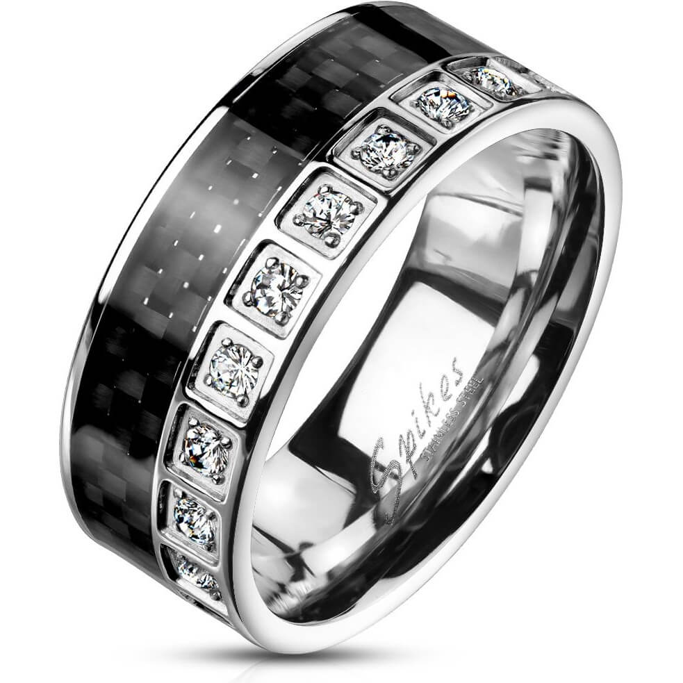CZ Halo & Black Carbon Fiber Inlay Stainless Steel Ring