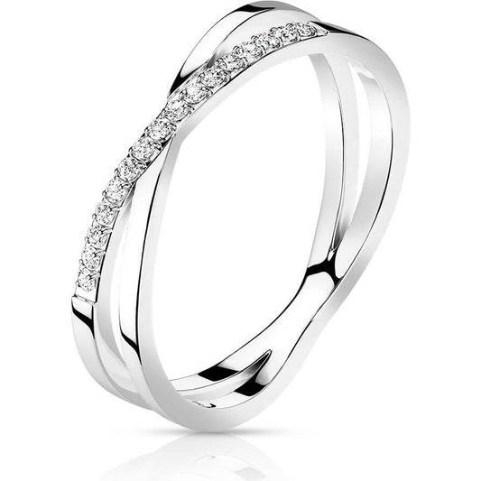 Pave CZ Criss Cross Stainless Steel Ring