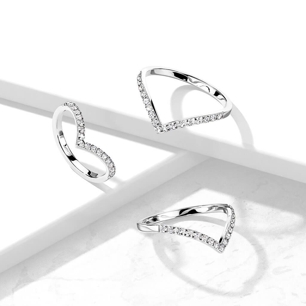 Pavé CZ Chevron Stainless Steel Ring