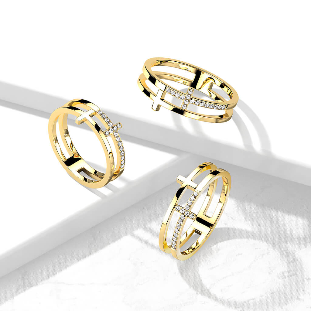 CZ Double Sideways Split Cross Gold Ring
