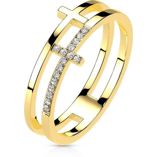 CZ Double Sideways Split Cross Gold Ring