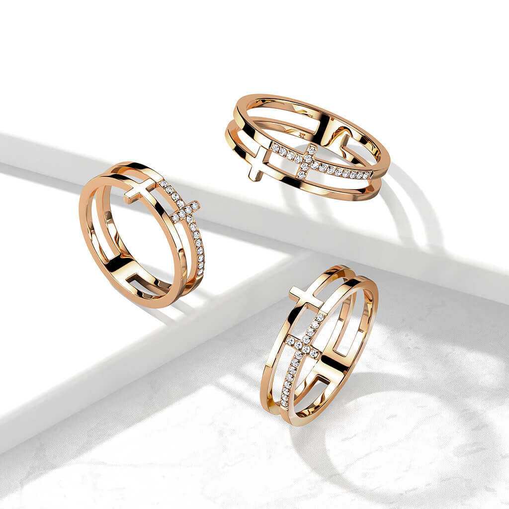 CZ Double Sideways Split Cross Rose Gold Ring