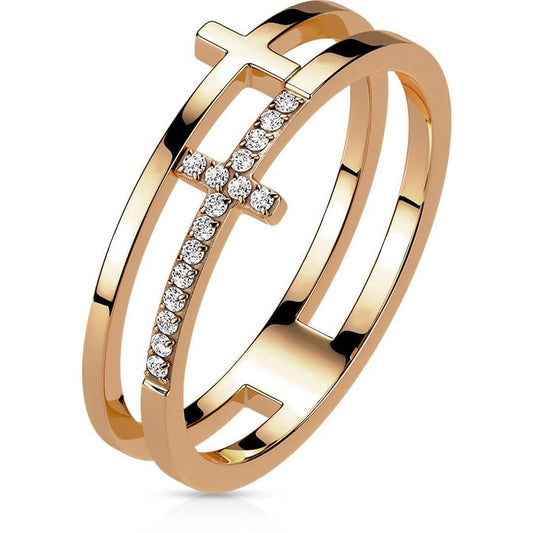 CZ Double Sideways Split Cross Rose Gold Ring