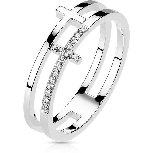 CZ Double Sideways Split Cross Silver Ring