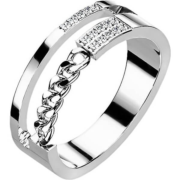 Pave CZ Double Line Chain Stainless Steel Ring