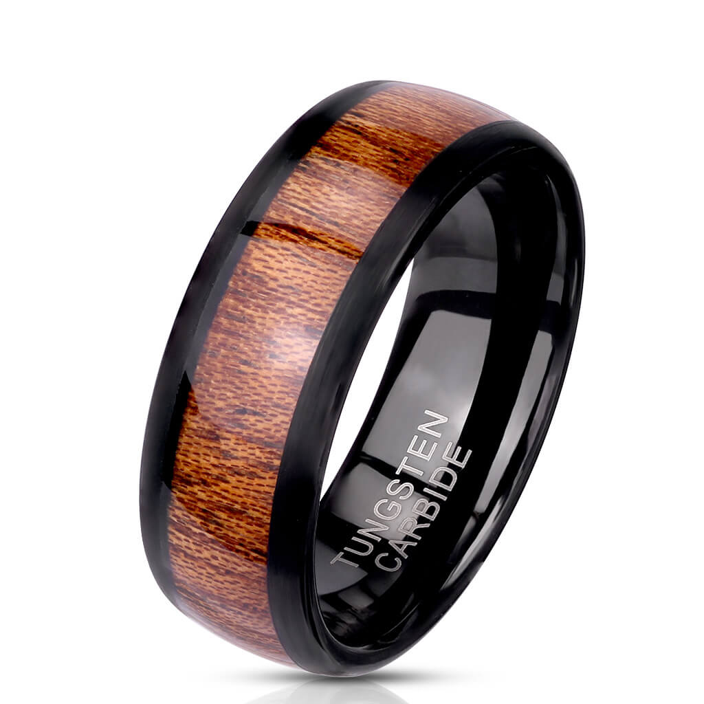 Wood Inlay Black Tungsten Carbide Ring with Beveled Edges