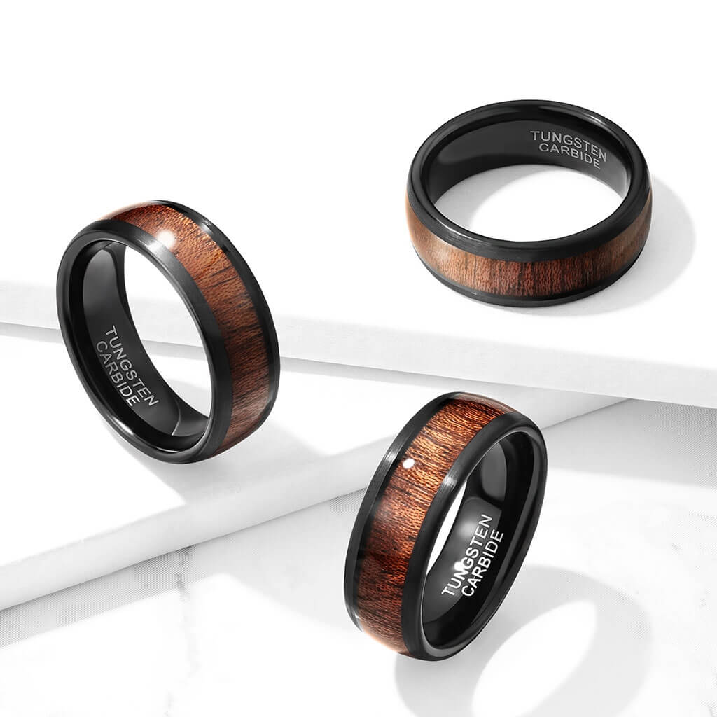 Wood Inlay Black Tungsten Carbide Ring with Beveled Edges