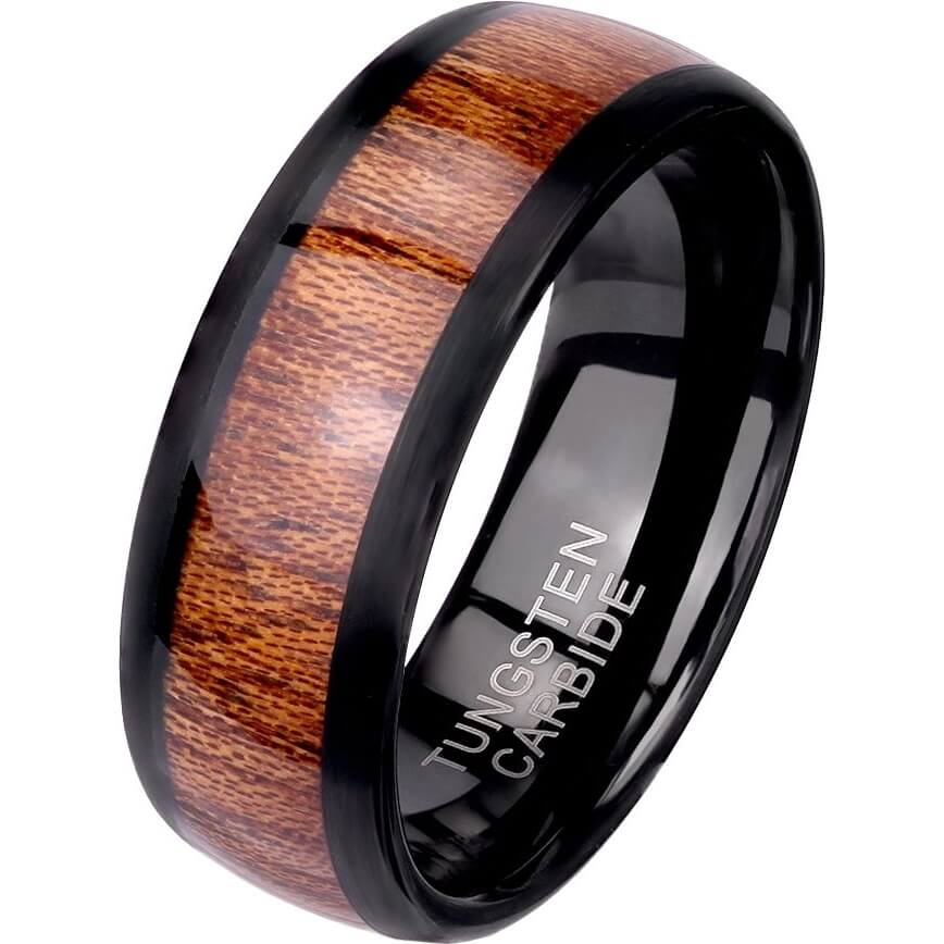 Wood Inlay Black Tungsten Carbide Ring with Beveled Edges