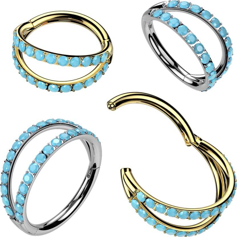 Titanium Double Hoop Ring with Pavé Turquoise