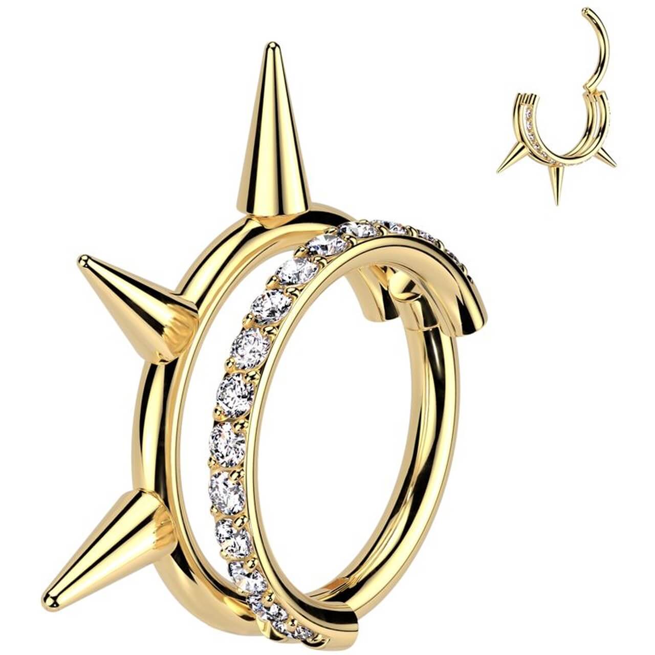 Titanium Hinged Double Hoop Ring with CZ Pavé Line & Spikes