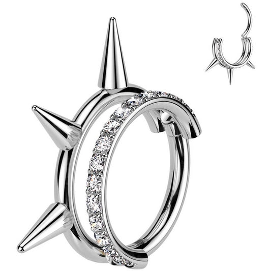 Titanium Hinged Double Hoop Ring with CZ Pavé Line & Spikes
