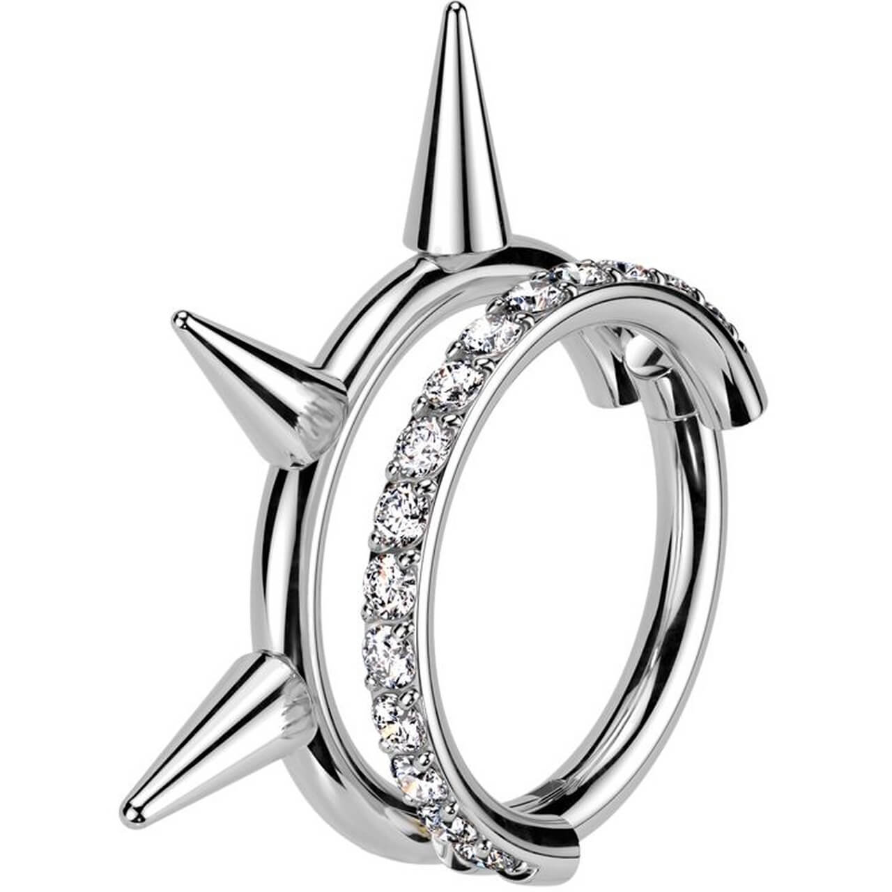 Titanium Hinged Double Hoop Ring with CZ Pavé Line & Spikes