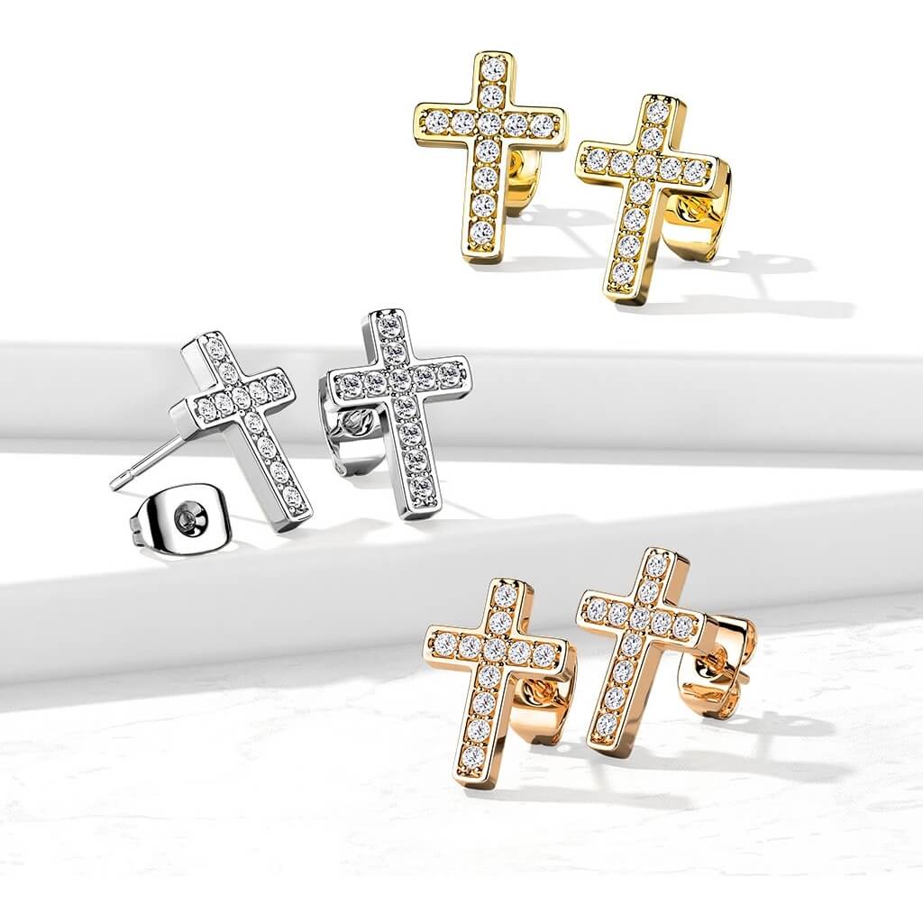CZ Pavé Cross Stud Earrings