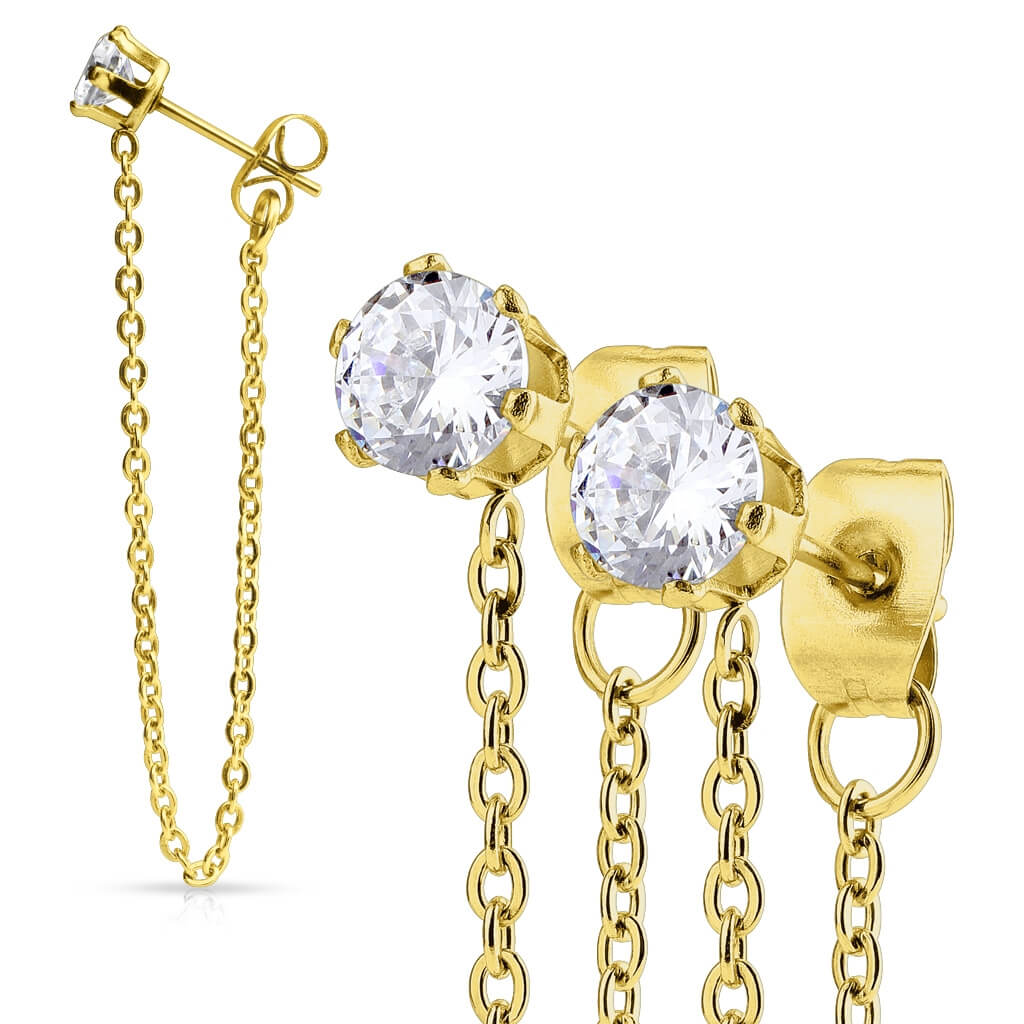 CZ Prong Chain Drop Stud Earrings