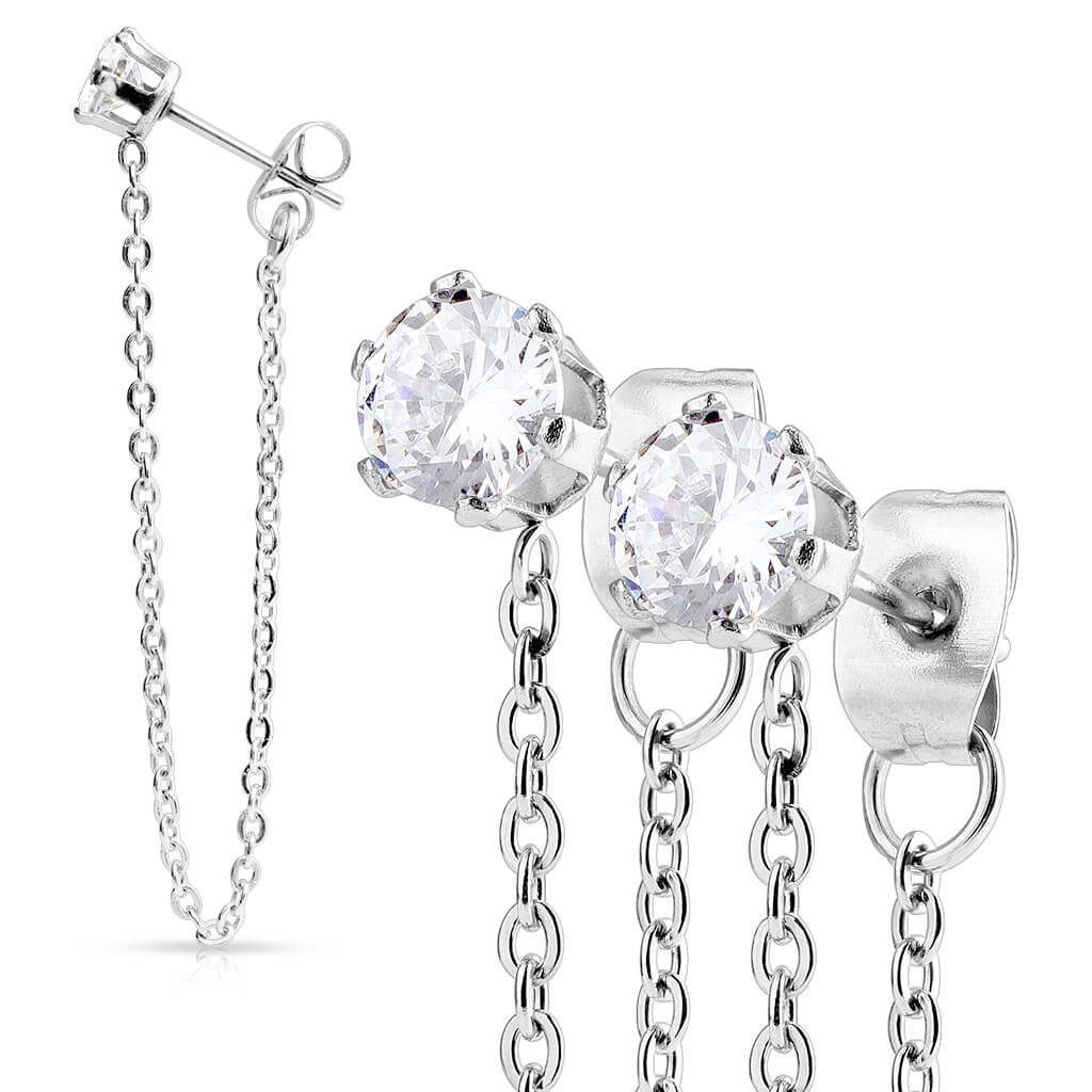 CZ Prong Chain Drop Stud Earrings