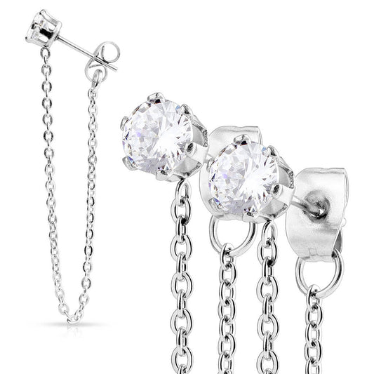 CZ Prong Chain Drop Stud Earrings