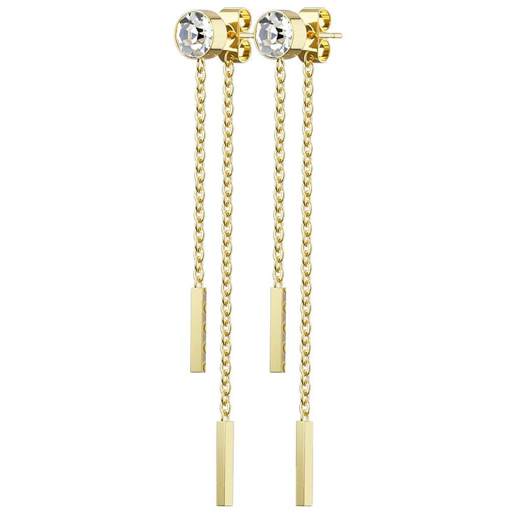 Bezel CZ Double Chain Drop Stud Earrings