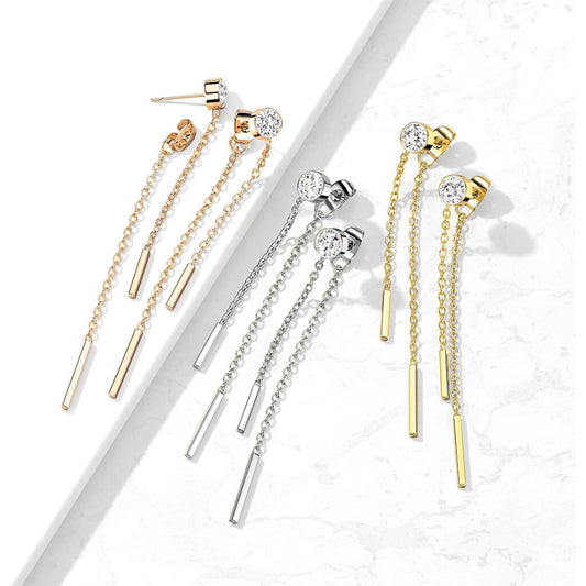 Bezel CZ Double Chain Drop Stud Earrings