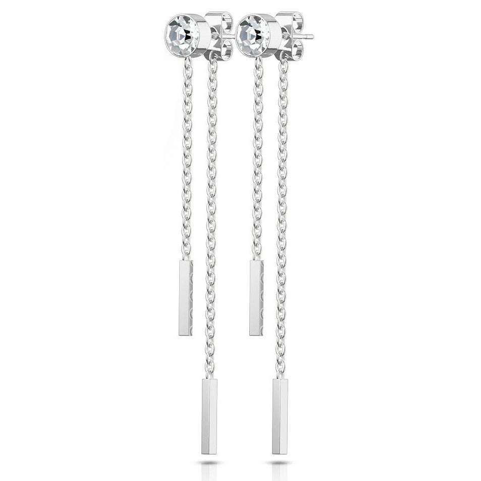 Bezel CZ Double Chain Drop Stud Earrings
