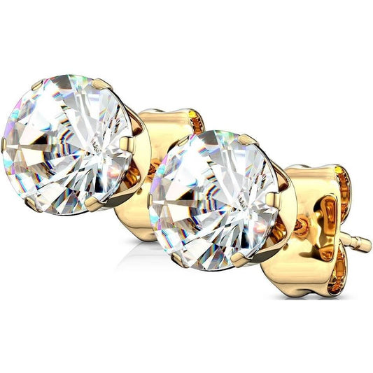 Gold Round Clear CZ Stud Earrings