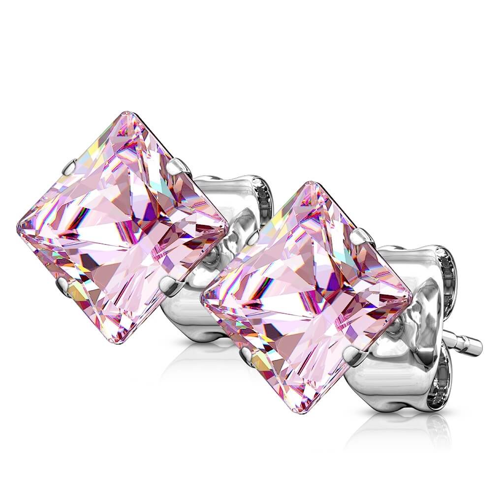 Princess Cut Square CZ Stud Earrings - Surgical Steel