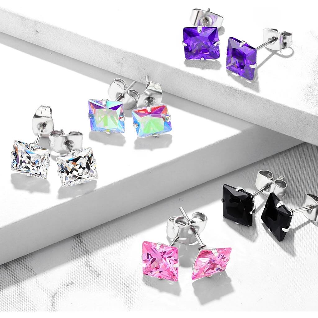 Princess Cut Square CZ Stud Earrings - Surgical Steel