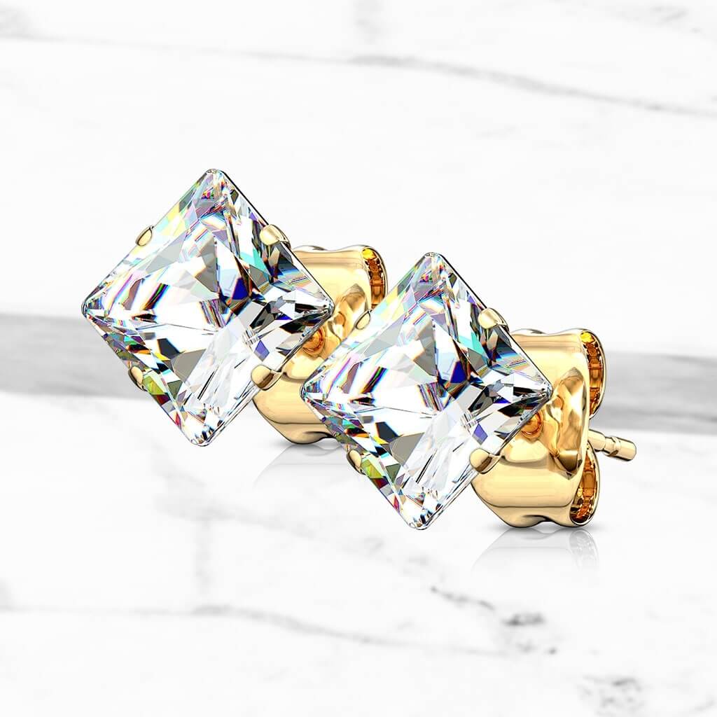 Gold Princess Cut Square CZ Stud Earrings