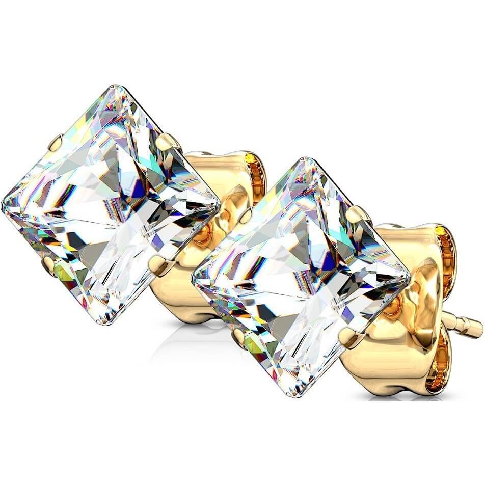 Gold Princess Cut Square CZ Stud Earrings
