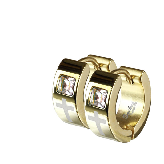 Laser Etched Cross Square Gem Stud Earrings