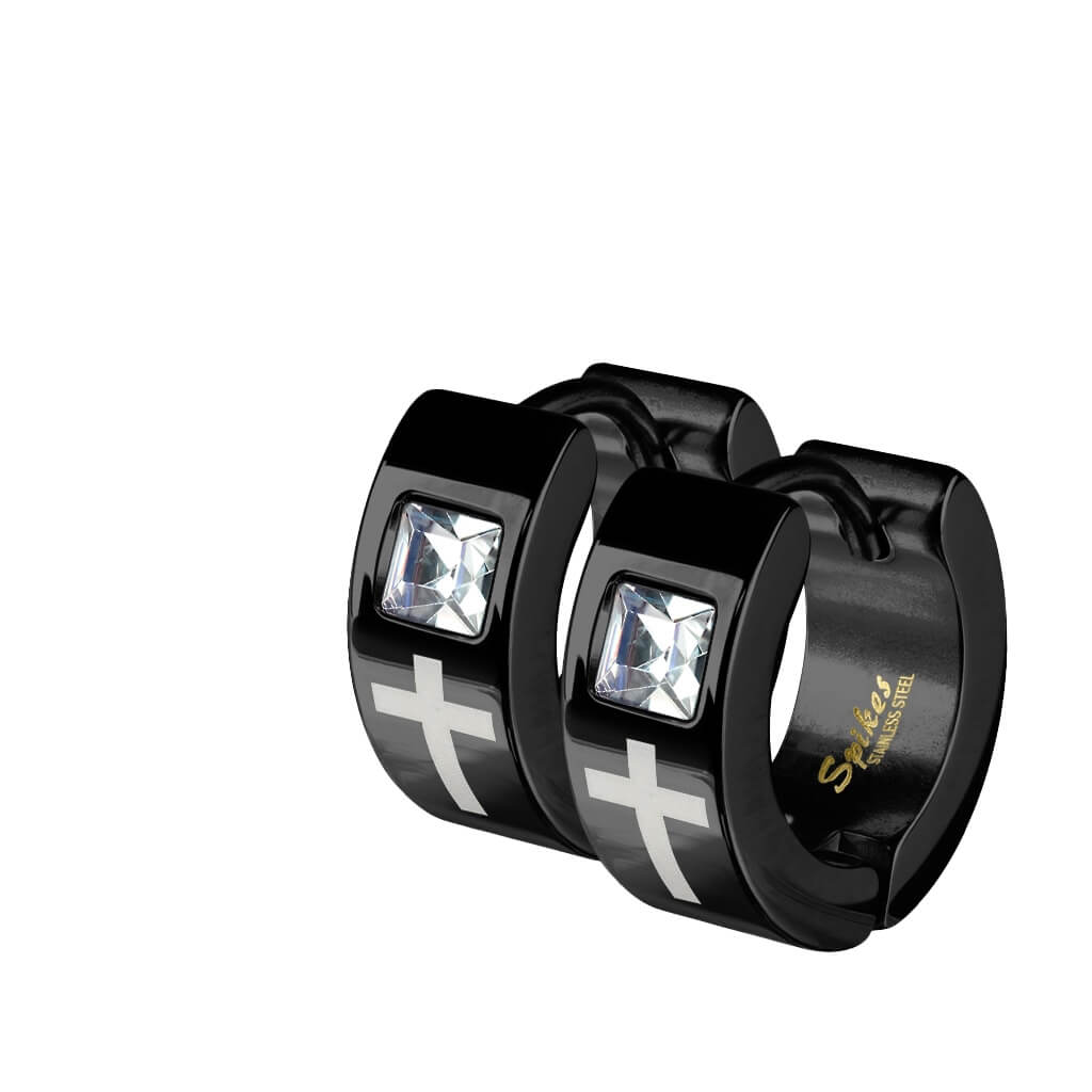 Laser Etched Cross Square Gem Stud Earrings