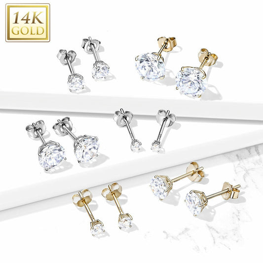 14K Gold Round Prong-Set CZ Stud Earrings
