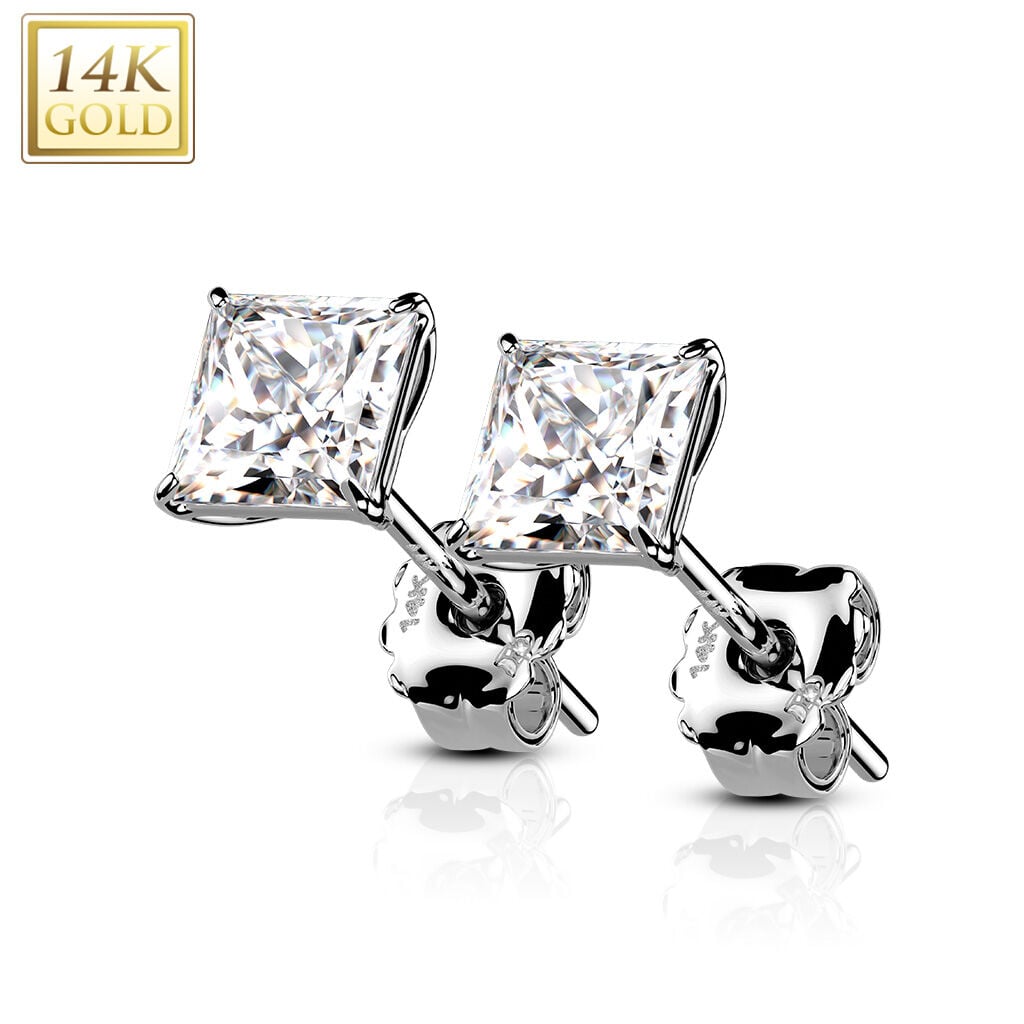 14K Gold Square CZ Stud Earrings