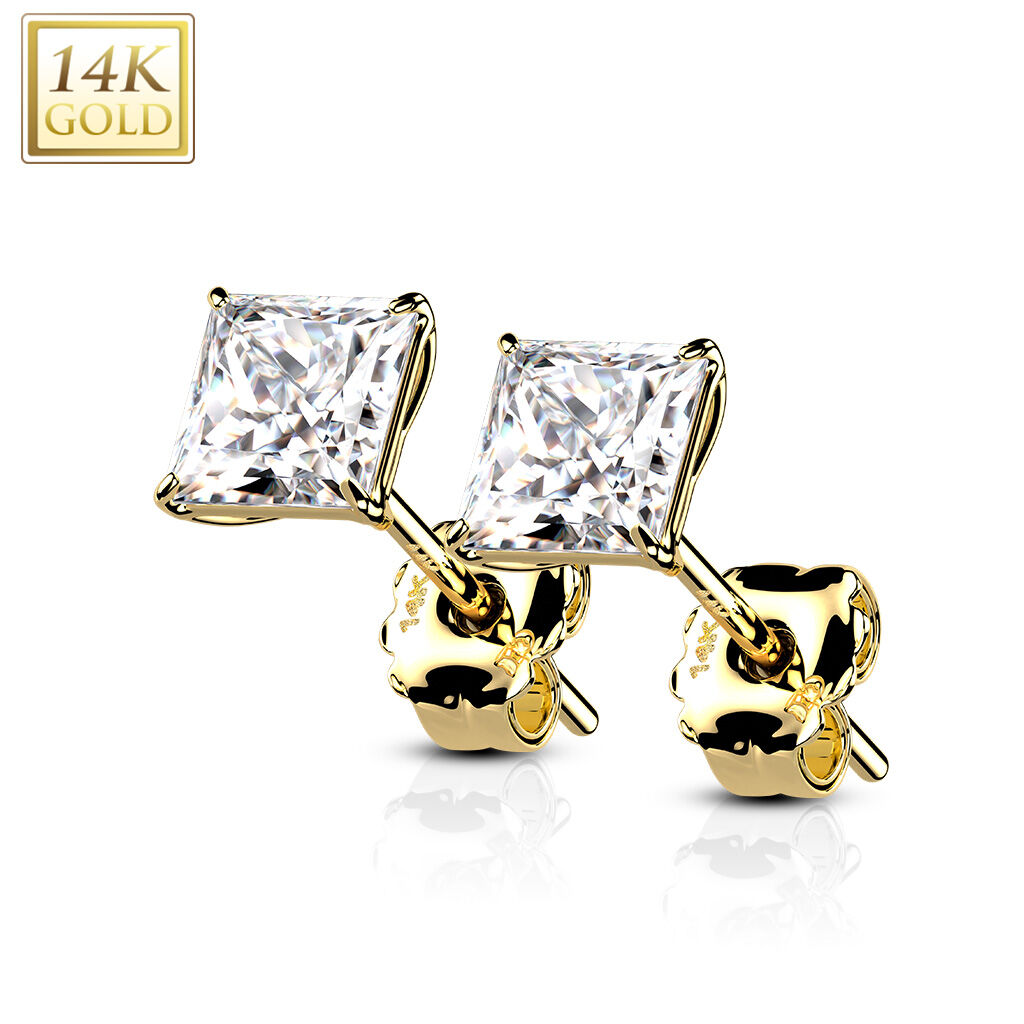 14K Gold Square CZ Stud Earrings