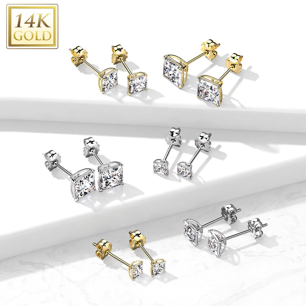 14K Gold Square CZ Stud Earrings