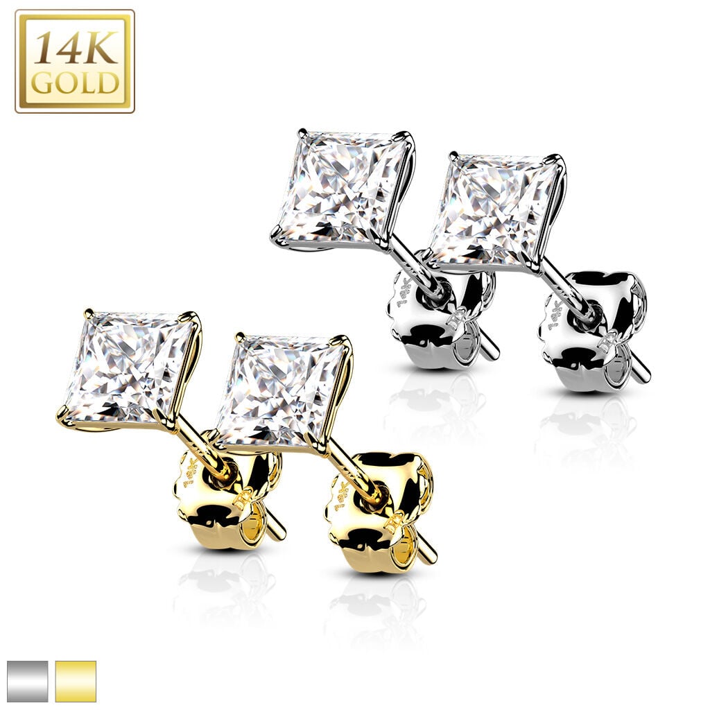 14K Gold Square CZ Stud Earrings