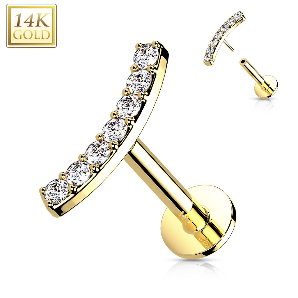 14K Gold CZ Pavé Curved Top Threadless Flat Back Stud