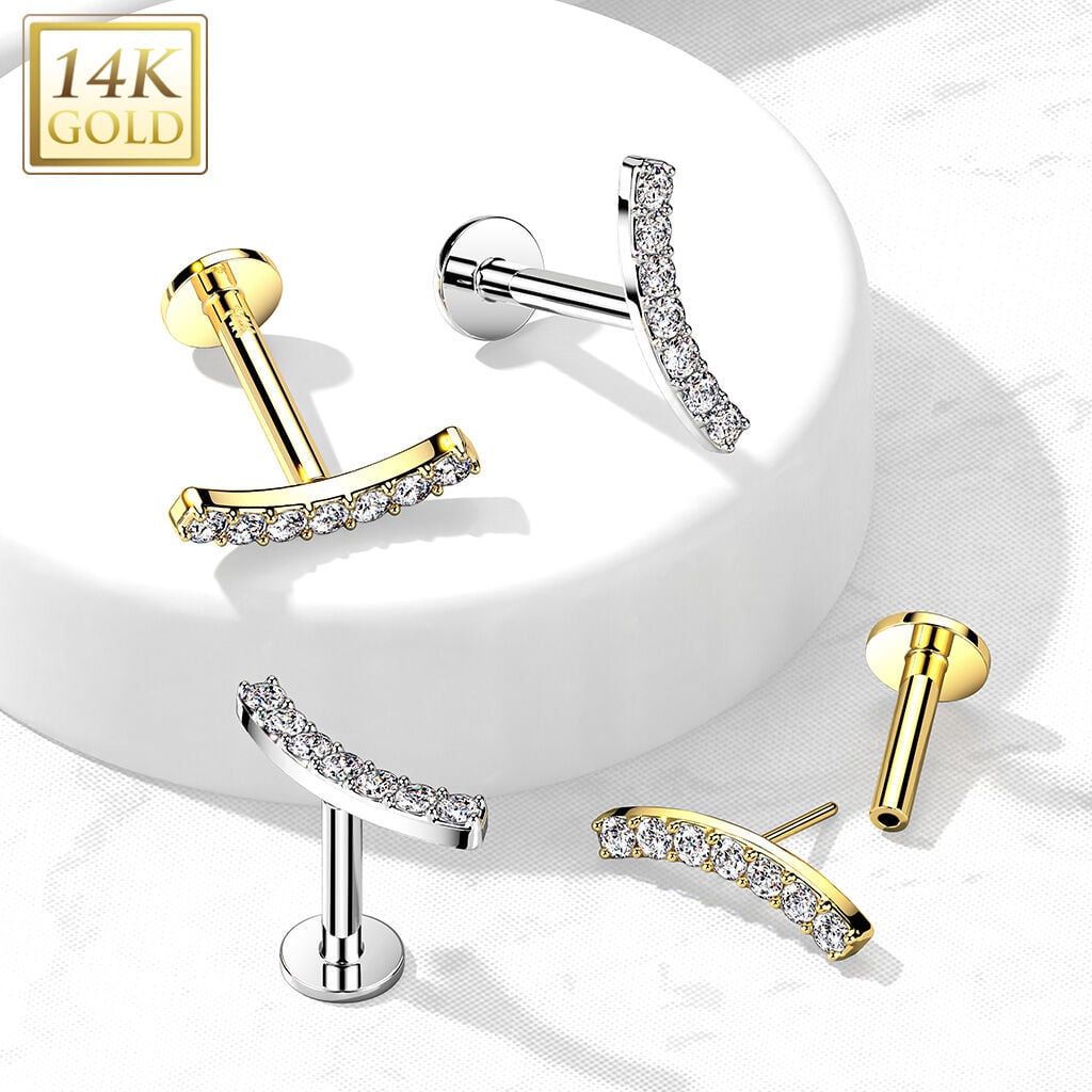14K Gold CZ Pavé Curved Top Threadless Flat Back Stud