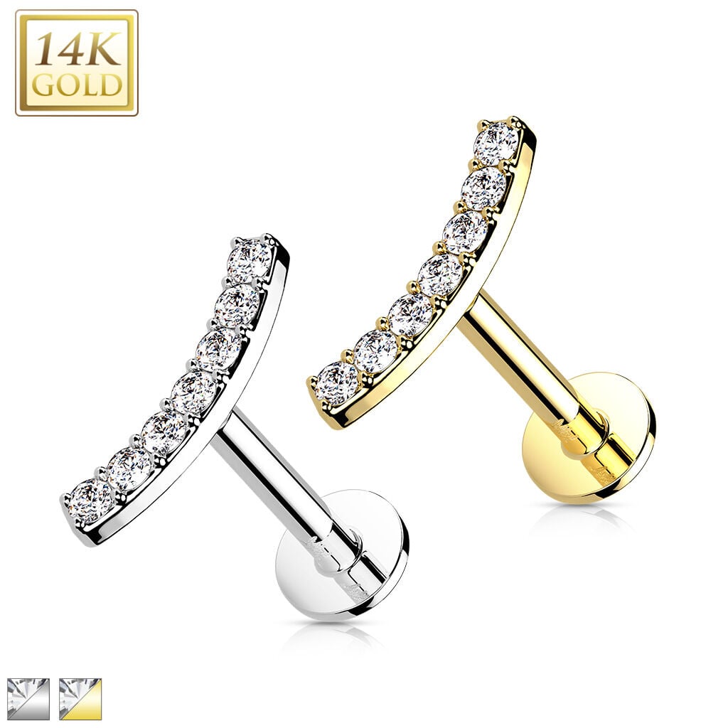 14K Gold CZ Pavé Curved Top Threadless Flat Back Stud