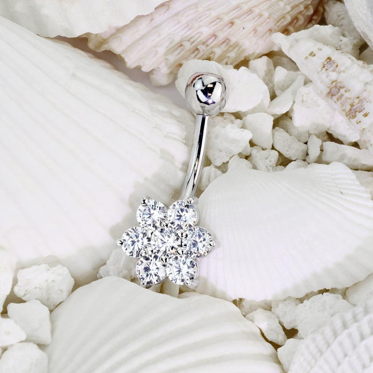 14K Gold Flower Clear CZ Navel Belly Button Ring
