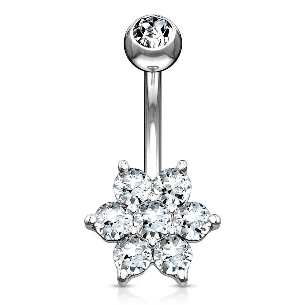 14K Gold Flower Clear CZ Navel Belly Button Ring