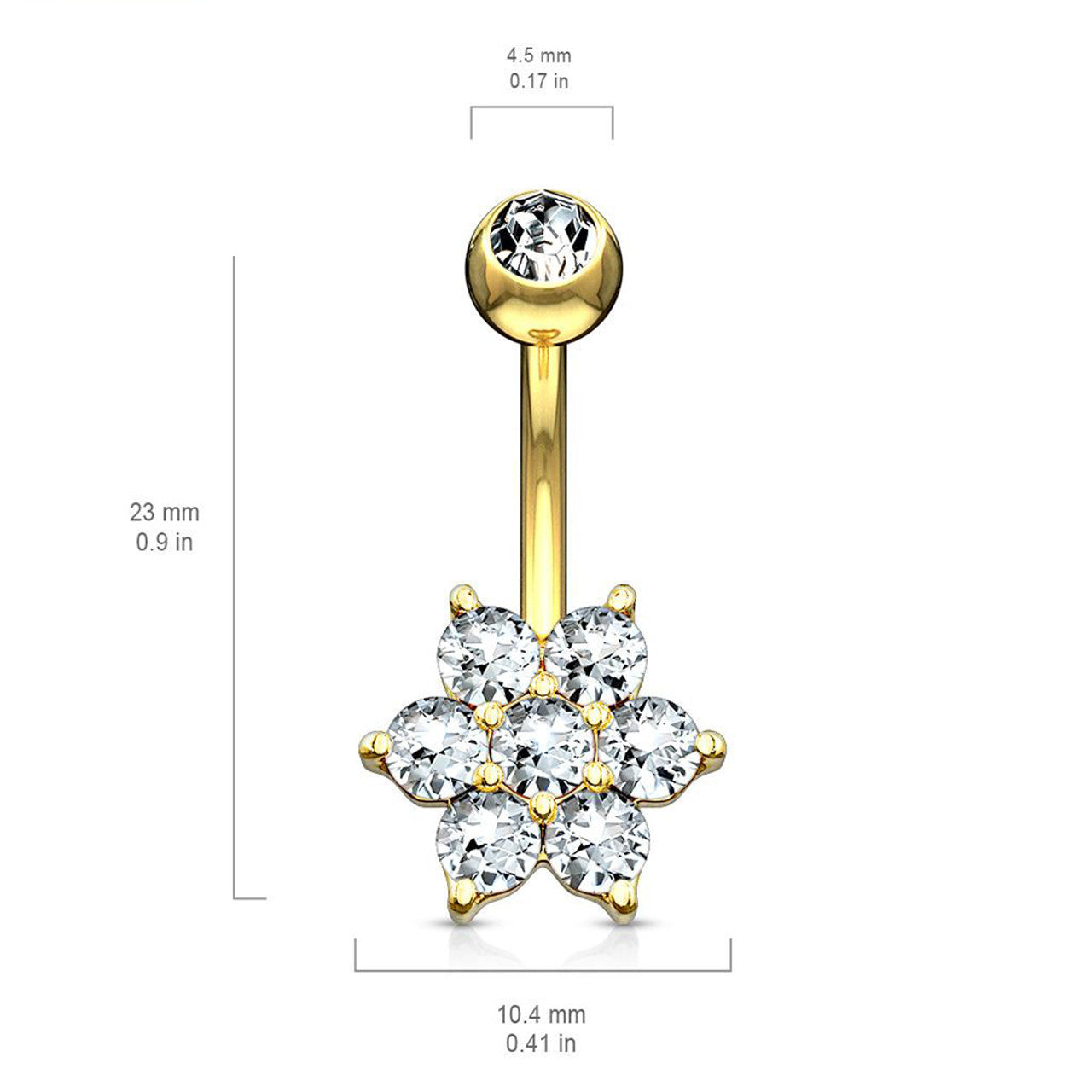 14K Gold Flower Clear CZ Navel Belly Button Ring