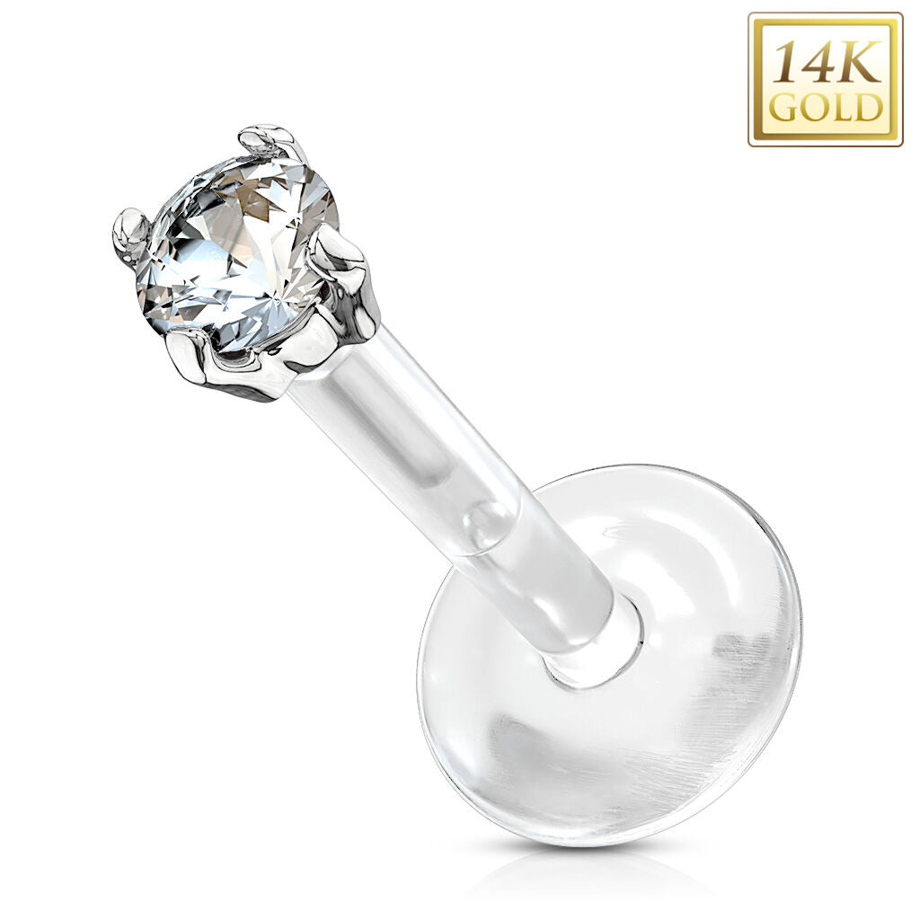 14K Gold 2.5mm CZ Prong Labret with Flexible Bioflex Shaft