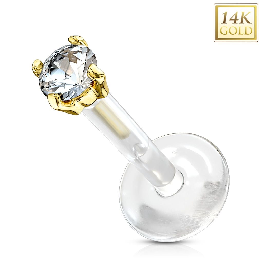 14K Gold 2.5mm CZ Prong Labret with Flexible Bioflex Shaft