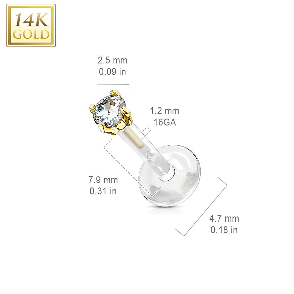 14K Gold 2.5mm CZ Prong Labret with Flexible Bioflex Shaft
