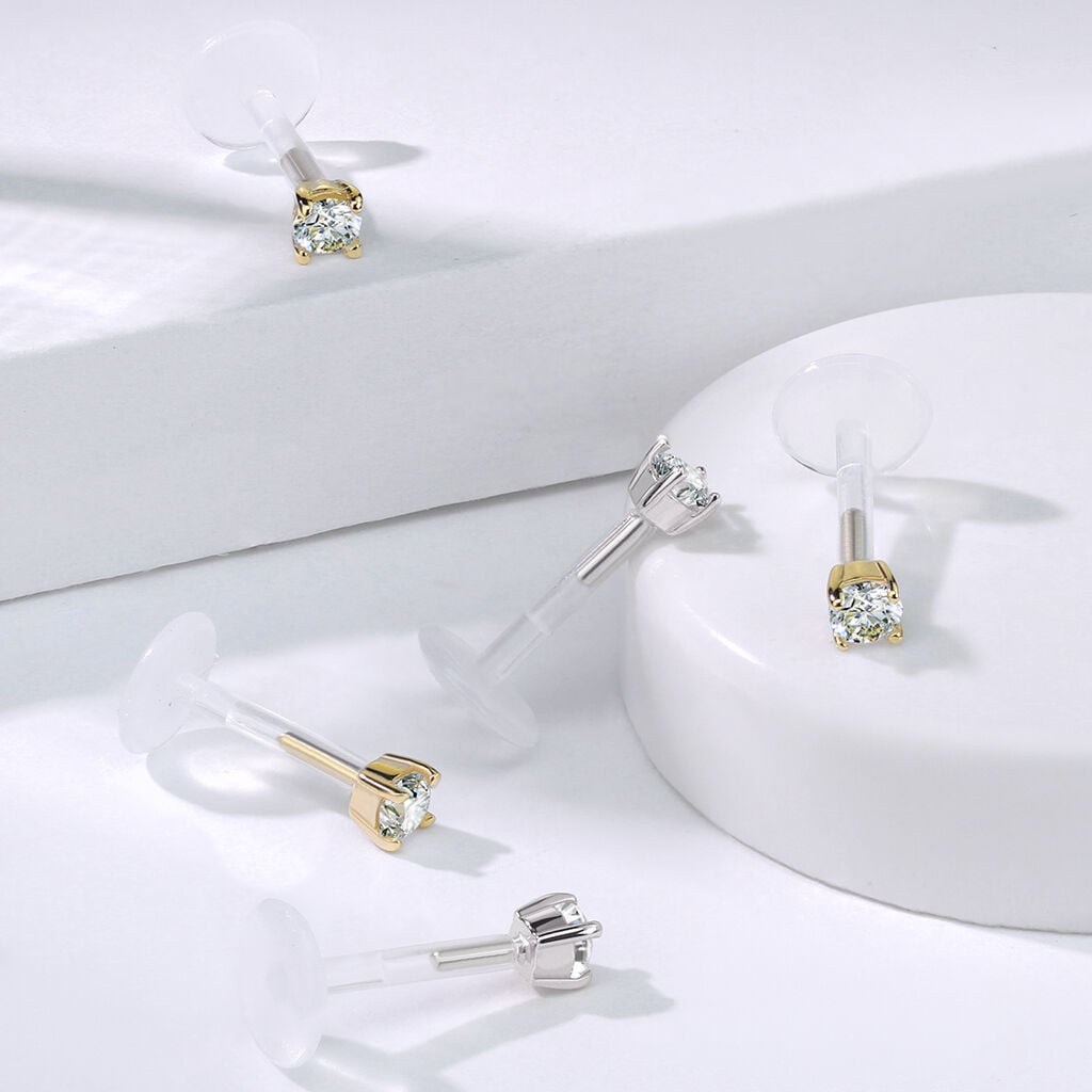 14K Gold 2.5mm CZ Prong Labret with Flexible Bioflex Shaft