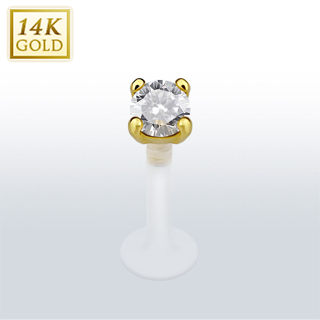 14K Gold 2.5mm CZ Prong Labret with Flexible Bioflex Shaft