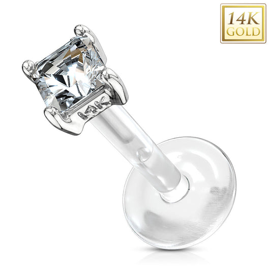 14K Gold Princess-Cut CZ Labret with Flexible Shaft