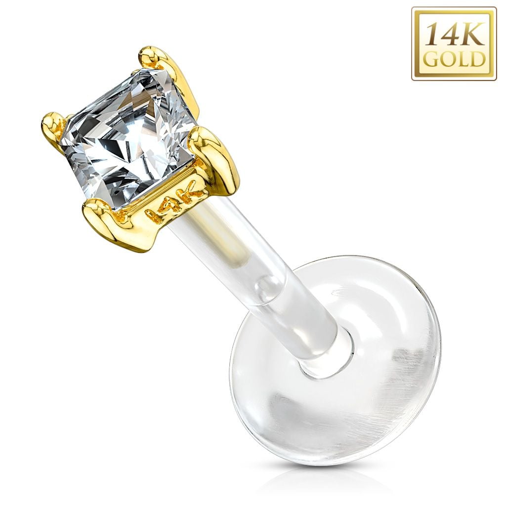 14K Gold Princess-Cut CZ Labret with Flexible Shaft