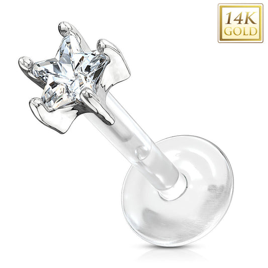 14K Gold Star CZ Labret with Flexible Shaft
